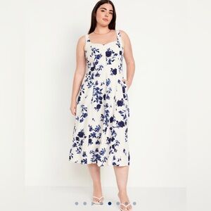 Old Navy, Navy Floral Fit & Flare Linen-Blend Midi Dress in size L